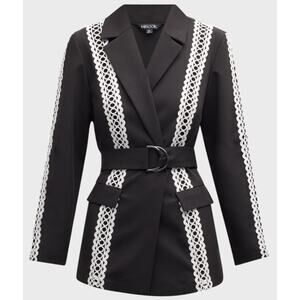 EUC Misook Black White Eyelet Trim Twill Belted Jacket Blazer Women's Size Large